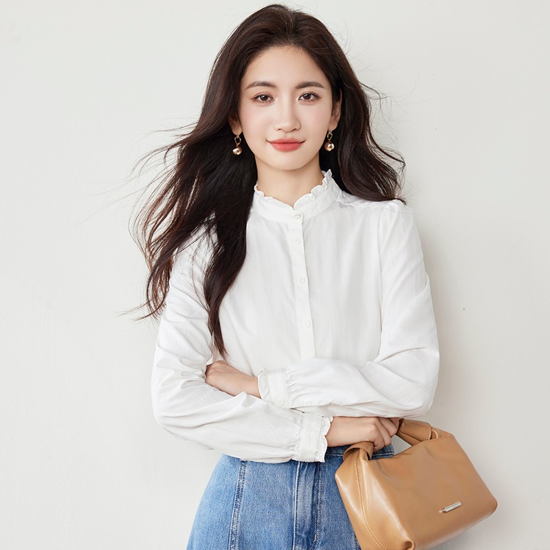 长袖纯棉衬衫木耳边法式立领