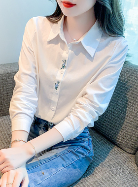 纯棉衬衫女长袖2026年春季新款通勤百搭刺绣职业白色衬衣打底上衣