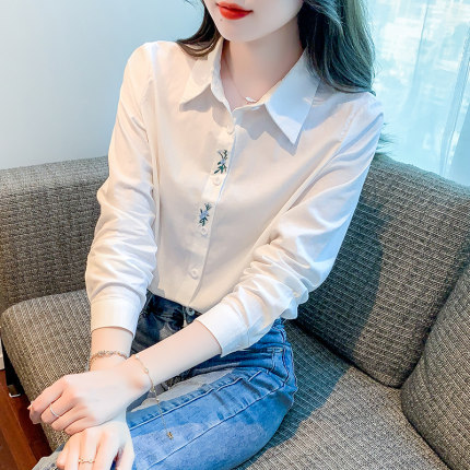 棉麻衬衫女长袖2025年春季新款通勤百搭刺绣职业白色衬衣打底上衣