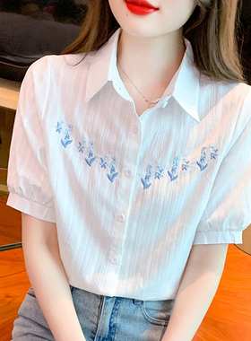 短袖棉麻衬衫女2026夏季新款上班职场ol风白色衬衣刺绣泡泡袖上衣