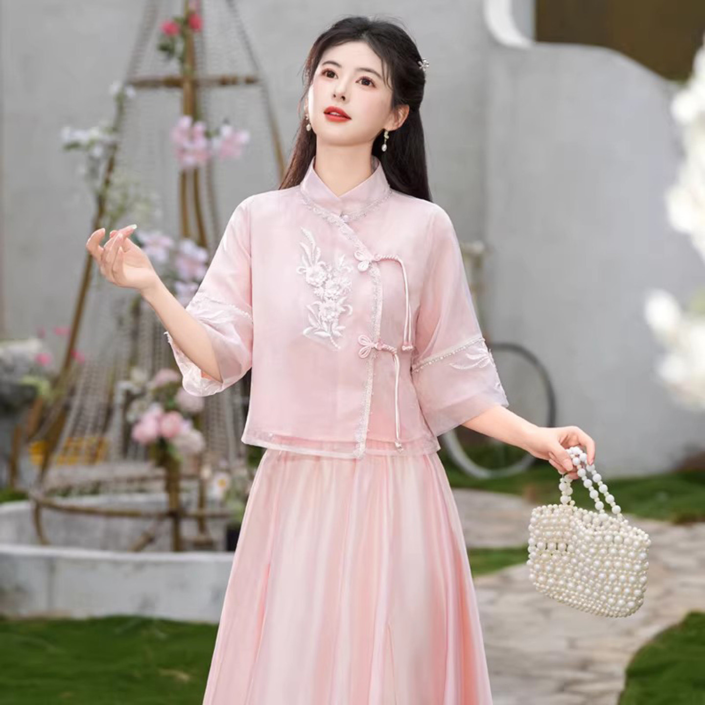 新中式改良汉服套装女夏季国风盘扣流苏唐装旗袍上衣半身裙茶艺服