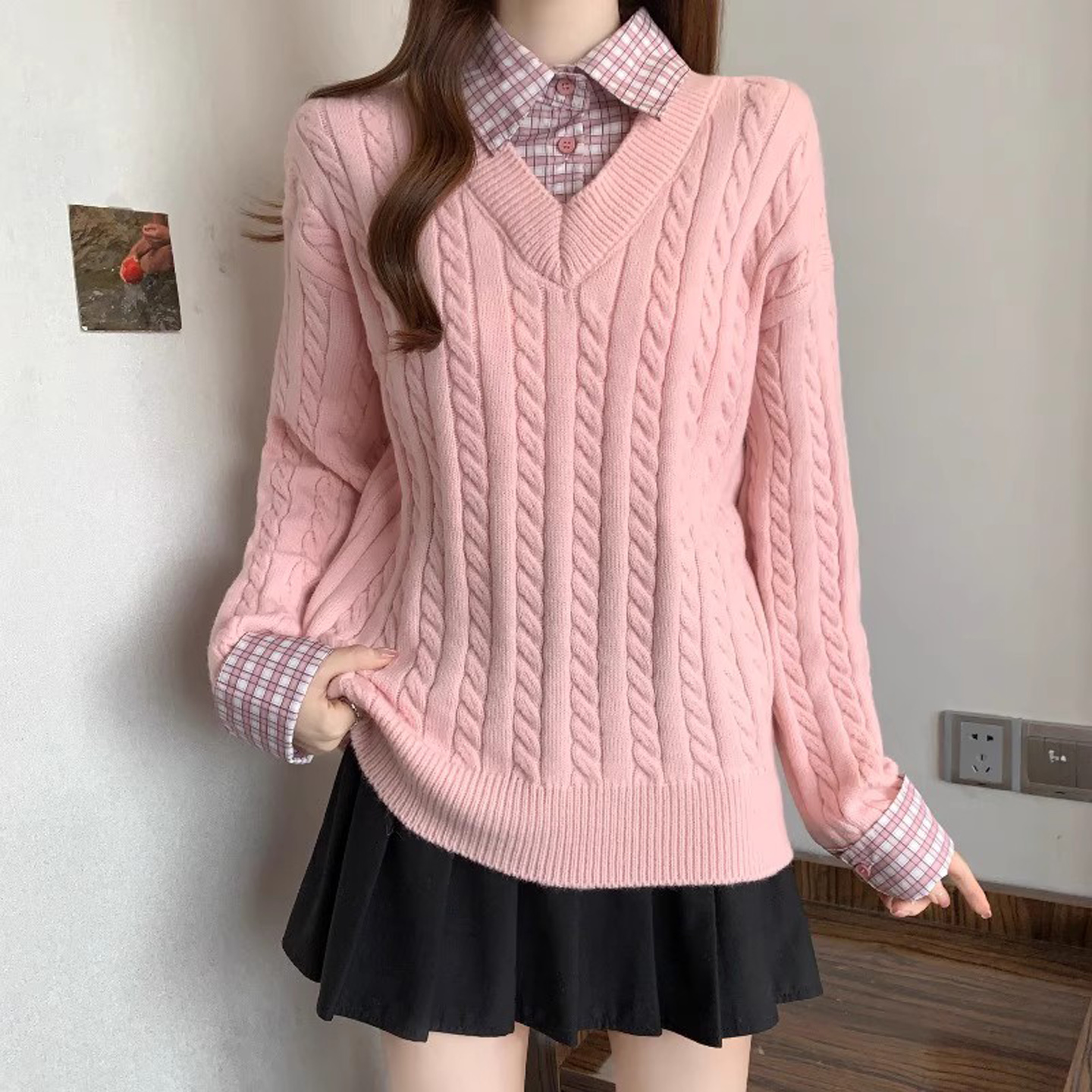 假两件毛衣女秋冬衬衫拼接针织衫