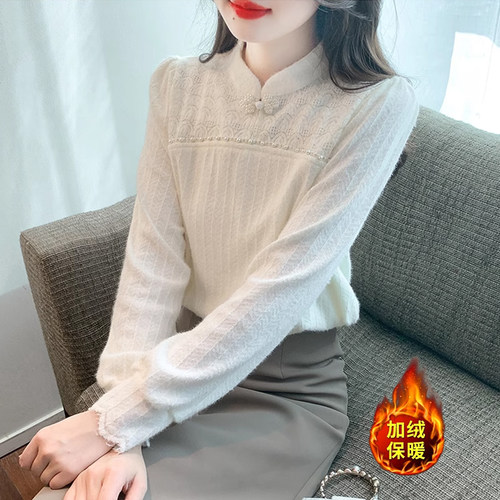 长袖蕾丝衬衫立领国风加绒加厚
