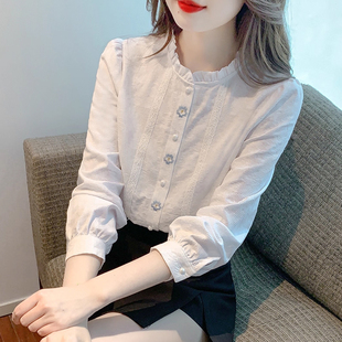 2026年法式 春装 刺绣木耳边立领全棉衬衣减龄内搭上衣 女长袖 白衬衫