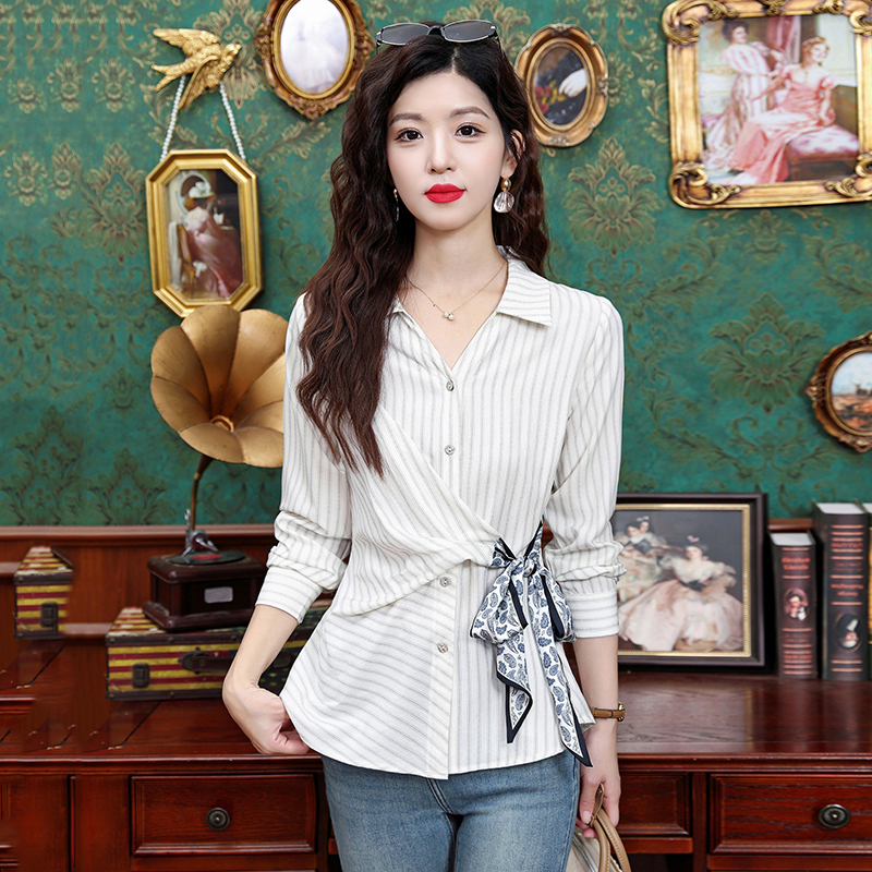 条纹衬衫女秋季法式绑带收腰衬衣