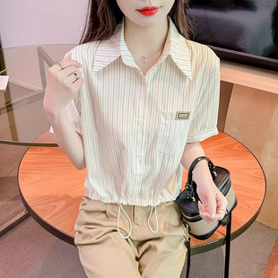条纹衬衫女2026夏季新款设计感抽绳短款雪纺上衣显瘦百搭短袖t恤