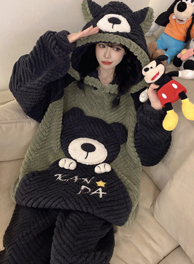 冬季珊瑚绒甜美睡衣女加肥加大码胖mm220斤加厚法兰绒家居服套装