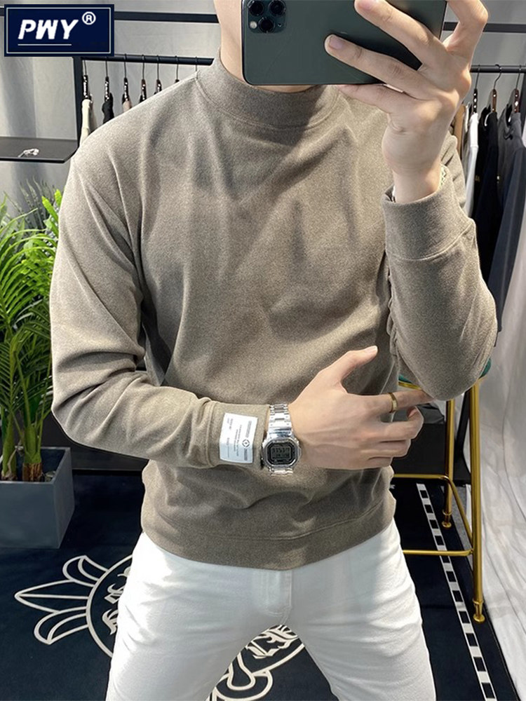 潮牌高级感纯色卫衣男士秋冬季潮流半高领长袖T恤保暖德绒打底衫