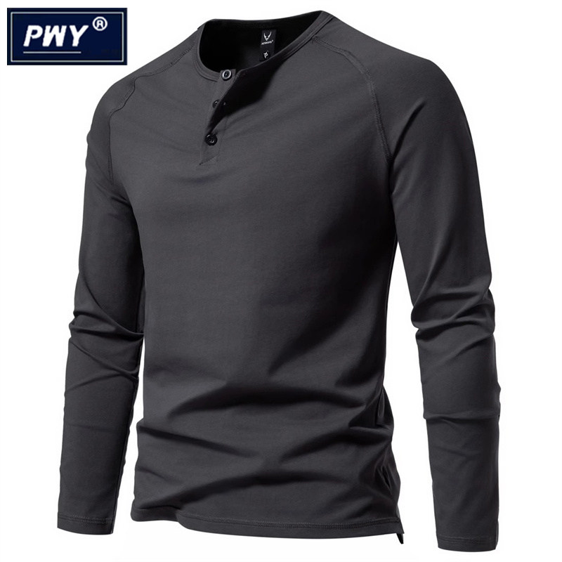 潮牌纯棉亨利领长袖T恤男春秋季2026新款商务修身弹力纯色打底衫