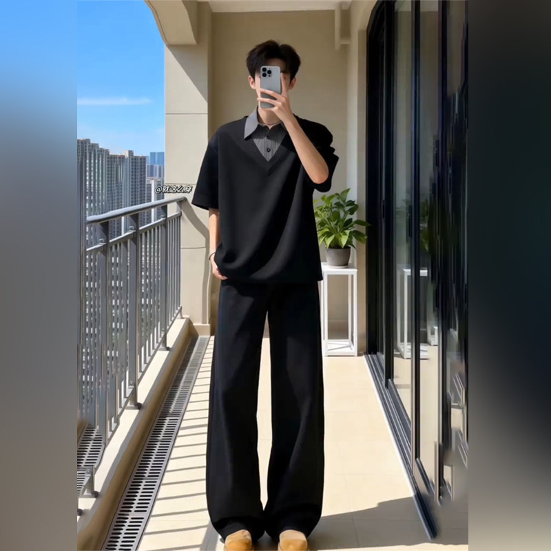 潮牌高级感黑色微喇西裤男夏季薄款垂感冰丝裤宽松直筒阔腿休闲裤