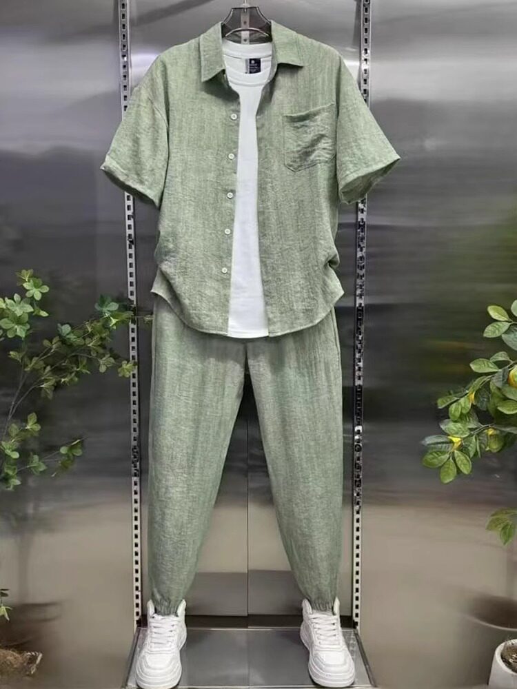 时尚品牌休闲运动套装男子夏季2025新宽松透气亚麻短袖衬衫和裤子