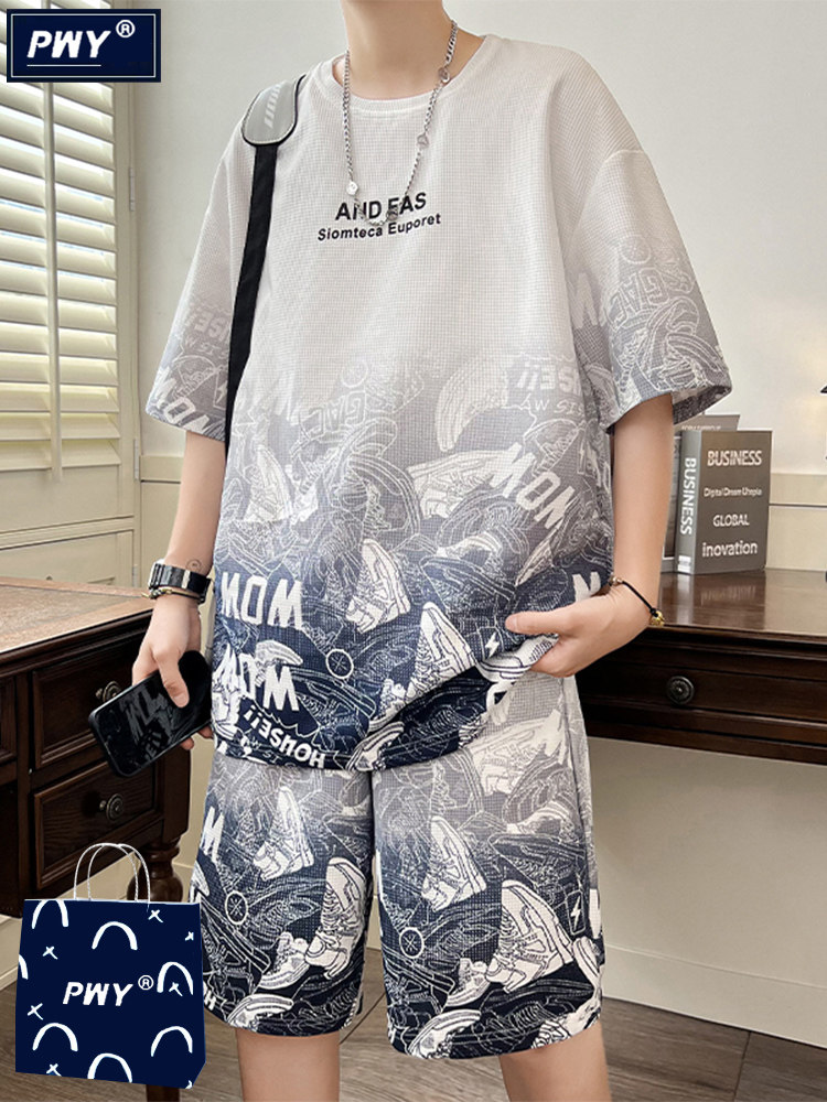 潮牌渐变华夫格套装男夏季冰丝短袖T恤短裤休闲帅气男装一套搭配