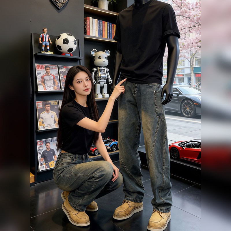 潮牌泥黄蓝弯刀斜切牛仔裤男春季窄版显瘦美式高街vibe直筒工装裤