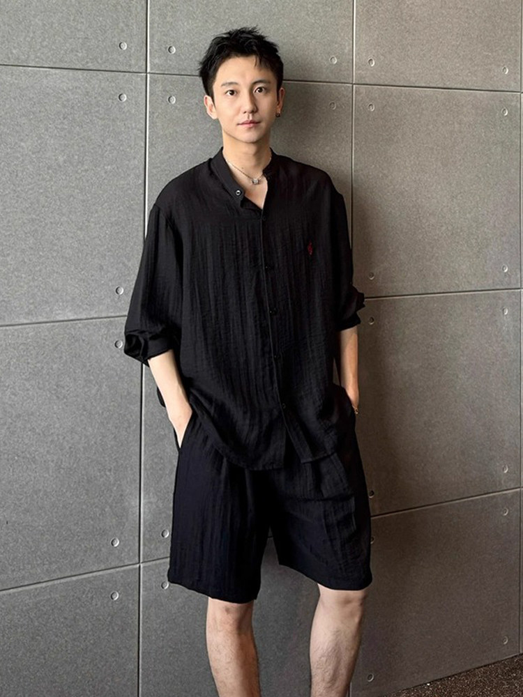 时尚品牌老钱风格棉麻夏季男士套装，宽松高端绣花短袖衬衫及短裤