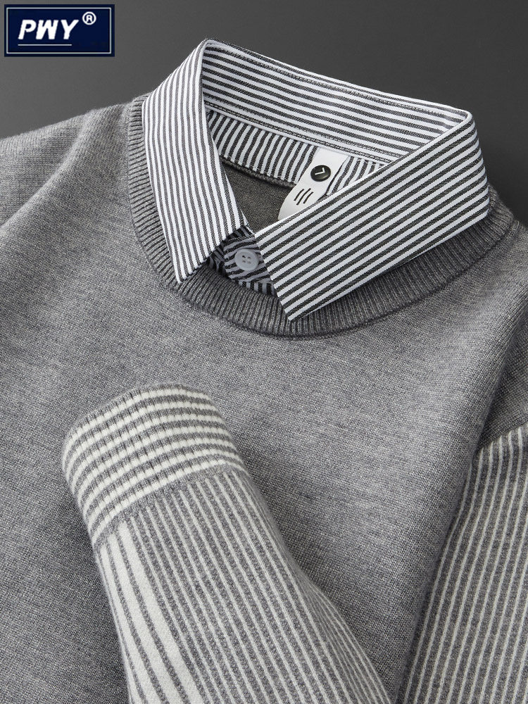 潮牌高级感灰色条纹假两件毛衣男秋冬季保暖商务衬衫领痞帅针织衫