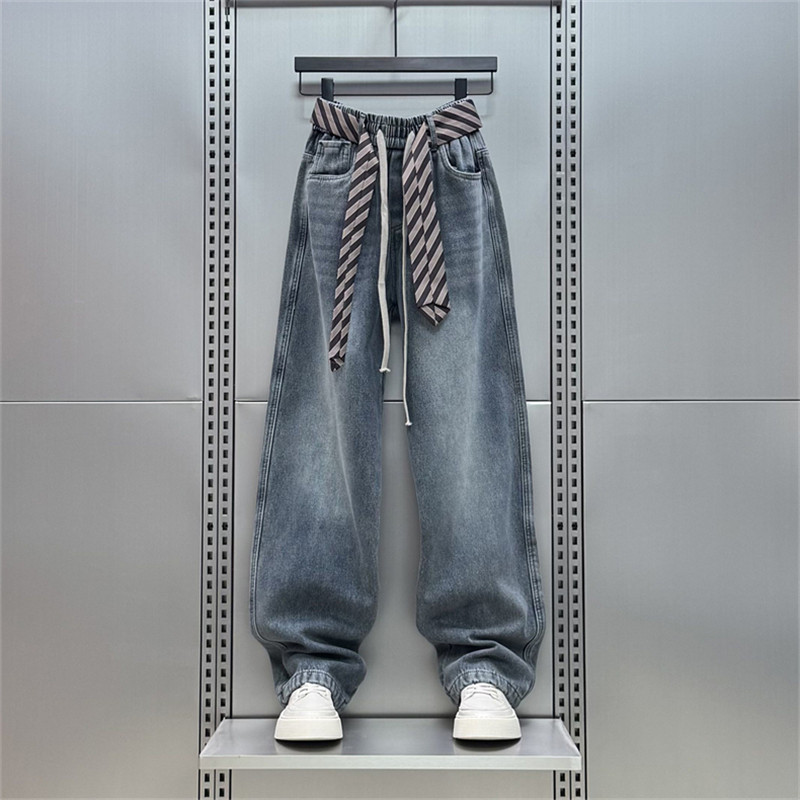 潮牌复古直筒弯刀牛仔裤男秋冬季加绒加厚保暖宽松腰带装饰休闲裤,男装,牛仔裤,淘宝优惠券,粉丝福利购,淘宝优惠卷