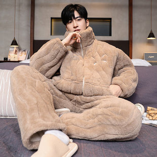 潮牌高端珊瑚绒睡衣套装男冬季加绒加厚三层夹棉袄保暖外穿家居服