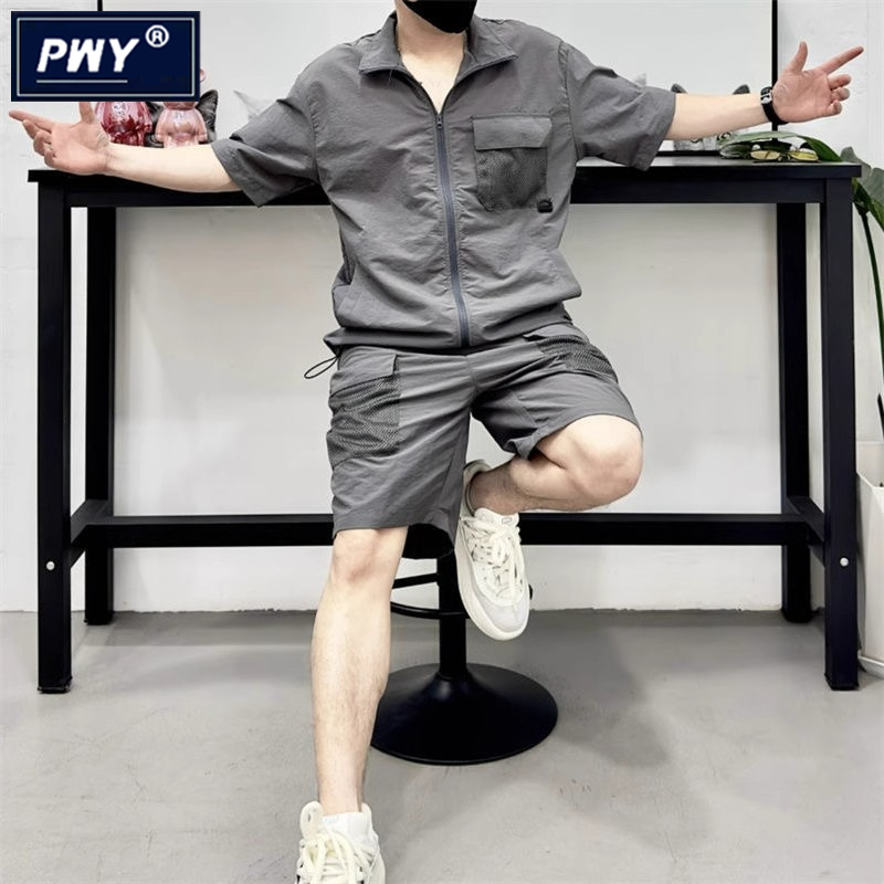 潮牌工装休闲套装男夏季2025新款潮流立领短袖衬衣宽松短裤两件套