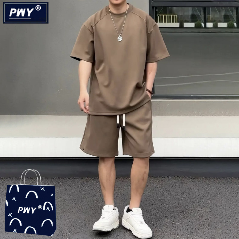 潮牌纯色休闲运动套装男士夏季薄款简约宽松情侣款短袖短裤两件套