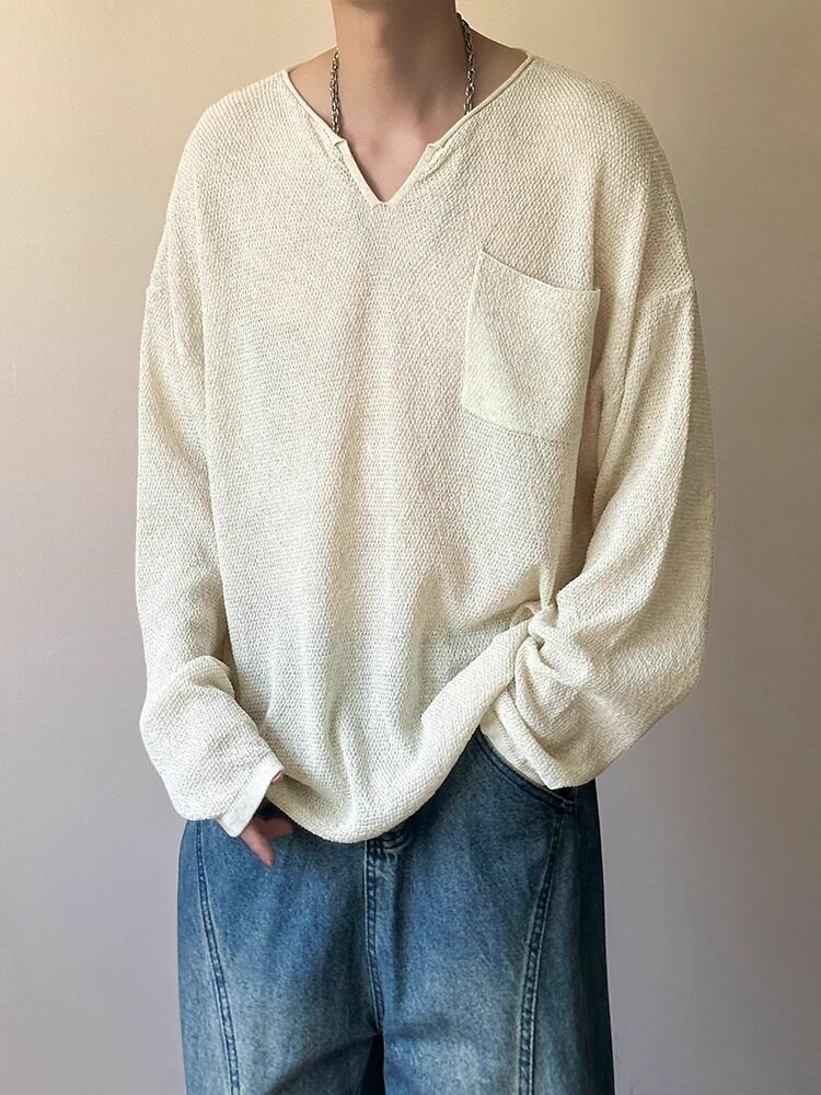 时尚品牌薄亚麻防晒长袖t恤男子夏季2025新老钱风格宽松V领剪裁衬
