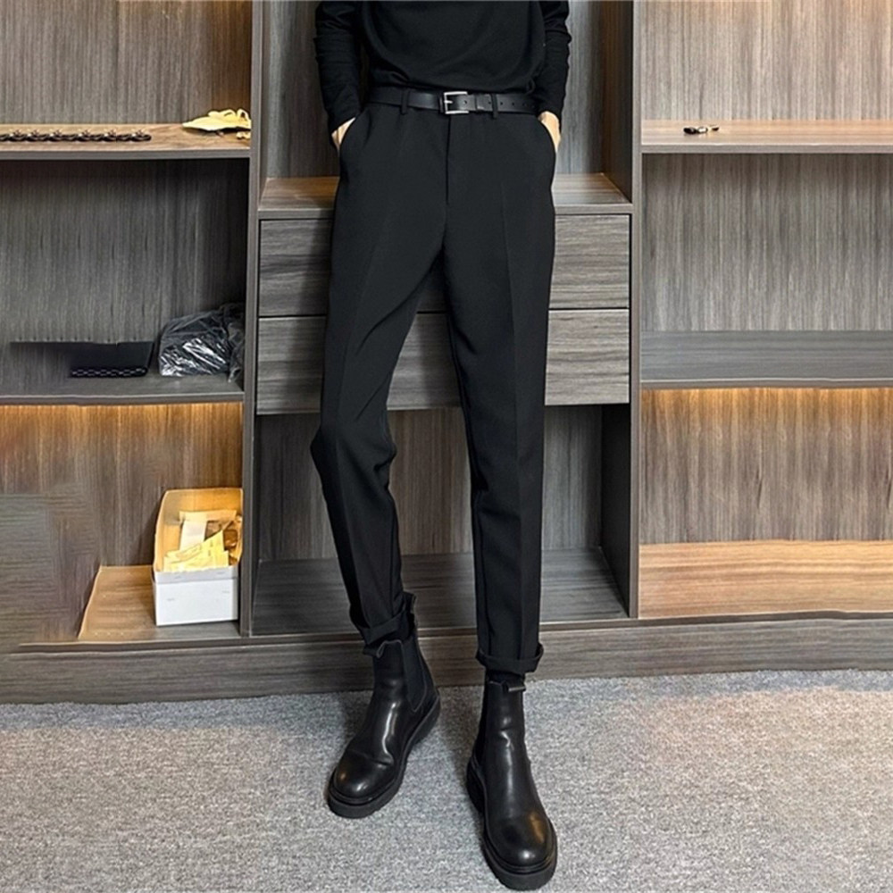 潮牌高级感黑色西裤男士秋冬季痞帅修身显瘦西装裤垂感加绒休闲裤