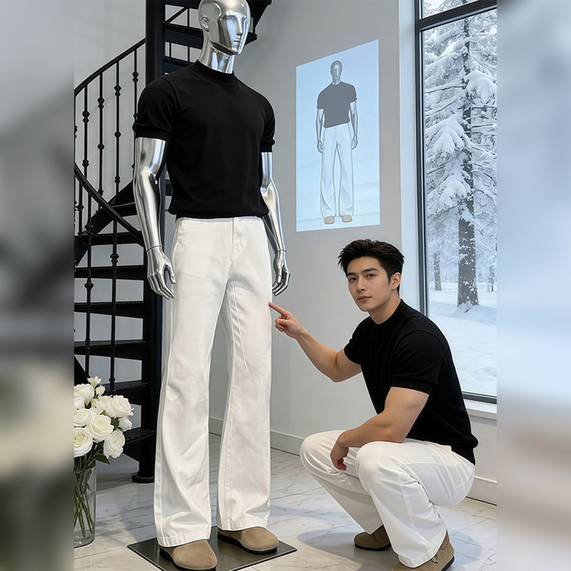 潮牌高端白色微喇牛仔裤男春季美式痞帅高级感弯刀裤子显瘦直筒裤