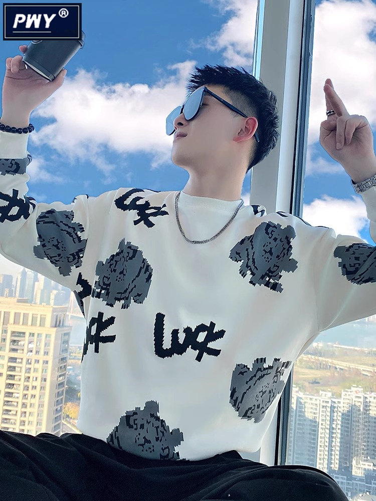 潮牌高级感圆领印花长袖卫衣男秋冬季2025新款痞帅加绒加厚打底衫