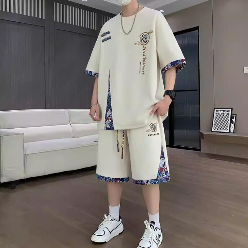 潮牌新中式冰丝休闲运动套装男夏季宽松短袖短裤青少年穿搭一整套