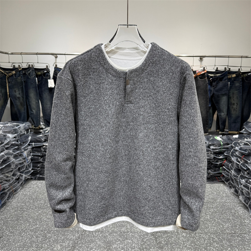 潮牌美式复古亨利领假两件毛衣男冬季痞帅内搭针织衫高级感打底衫