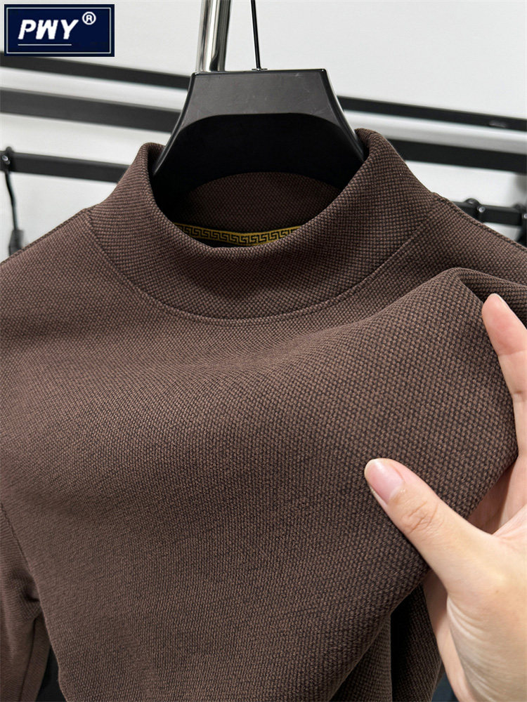 潮牌半高领加绒加厚卫衣男冬季纯色磨毛双面德绒打底衫内搭上衣服