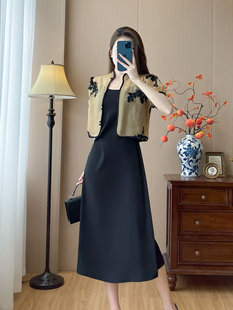 显瘦黑色吊带连衣裙开衫 2024夏季 国风高级感修身 女 新中式 两件套装