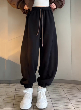黑色加绒裤子女秋冬2025新款今年流行爆款加厚束脚裤休闲运动卫裤