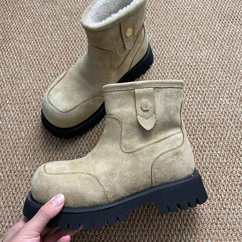 东北马丁靴男圆头厚底保暖休闲棉鞋增高加绒加厚冬季套脚雪地靴潮