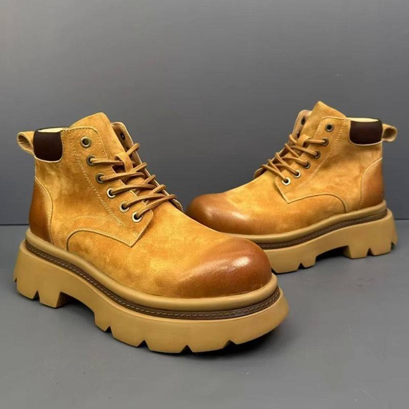 马丁靴通勤德比鞋男英伦风大头低帮大黄靴厚底休闲潮款增高工装靴