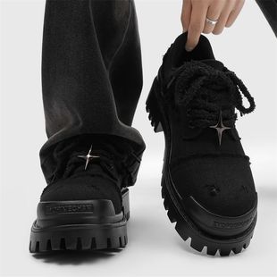 四芒星德比鞋美式牛仔布大头鞋厚底COS隐形增高鞋男7CM休闲皮鞋