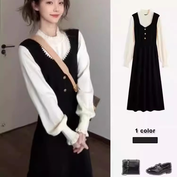 赫本法式小香风假两件连衣裙