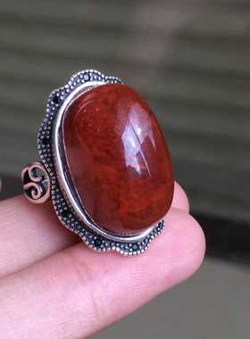 南红玛瑙戒指精品瓦西料玫红火焰纹满色满肉925新戒指多宝饰品男