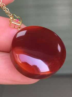 南红玛瑙精品瓦西玫红圆牌18k金扣头镶嵌吊坠挂件玉石男女款