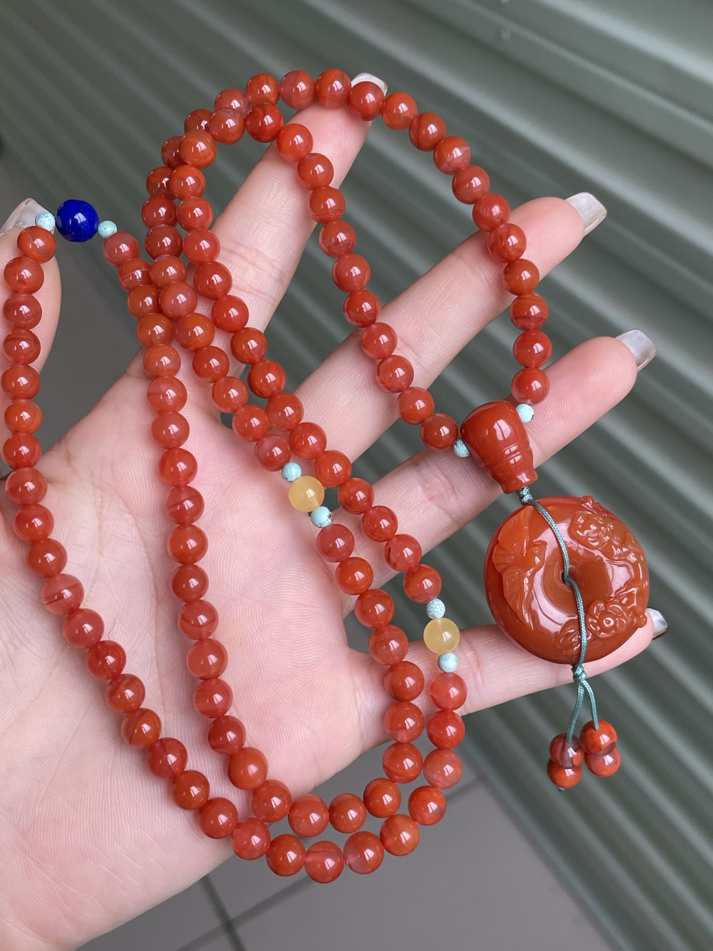 精品川料南红玛瑙樱桃红喜上眉梢平安扣佛珠长链吊坠挂件男女款
