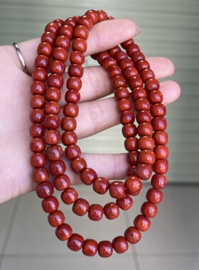 川料南红玛瑙老型珠佛珠7.6㎜牛血红火焰纹平安扣吊坠挂件男女款