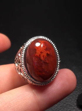 川料南红瓦西料火焰纹925银镶嵌男戒盐源耳坠环戒指三通复古背云