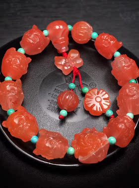 保山南红雕刻哪吒手串链牡丹花莲花回纹老型珠弥勒笑佛男女百搭款