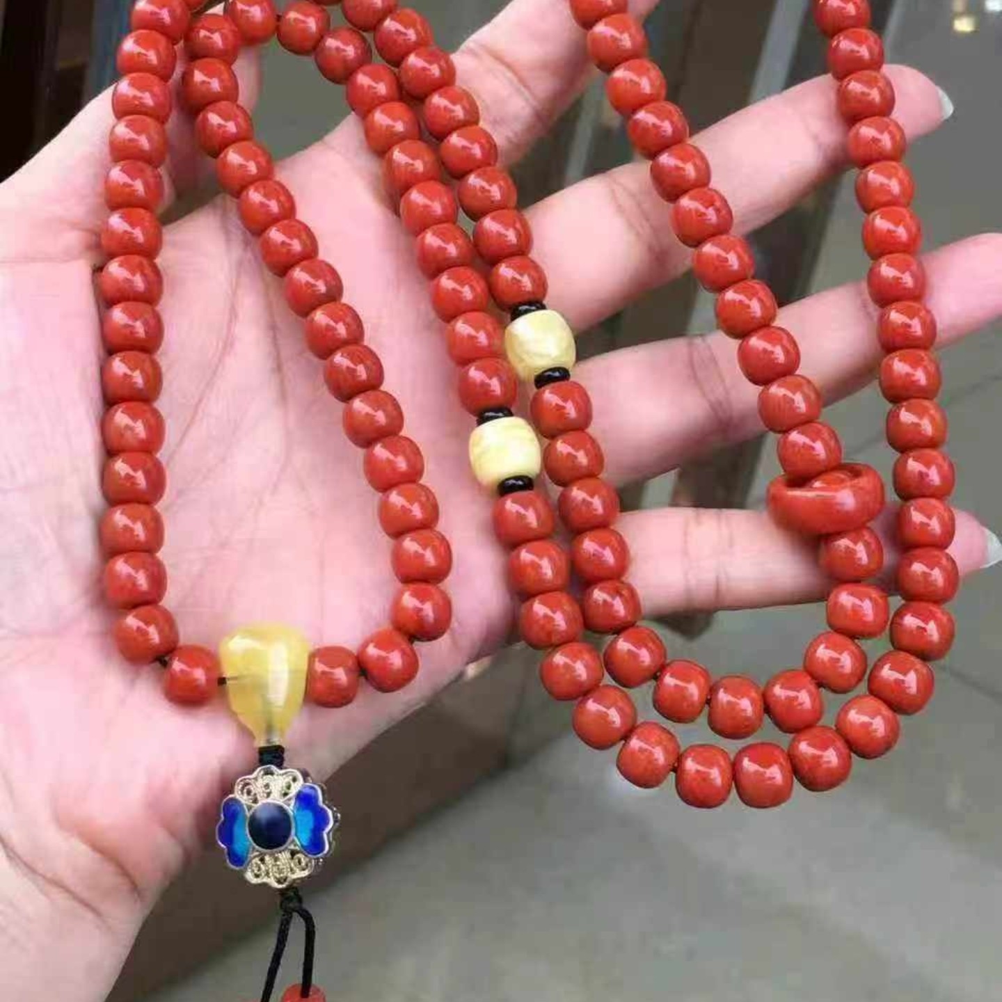 精品收藏南红玛瑙瓦西老型108佛珠火焰纹手串手链男女款单圈玉石