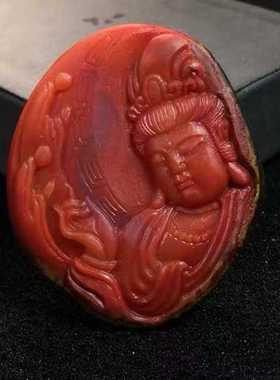 原矿包浆料南红观音满色满肉吊坠挂件珠宝古玩收藏旧物件手串吊坠