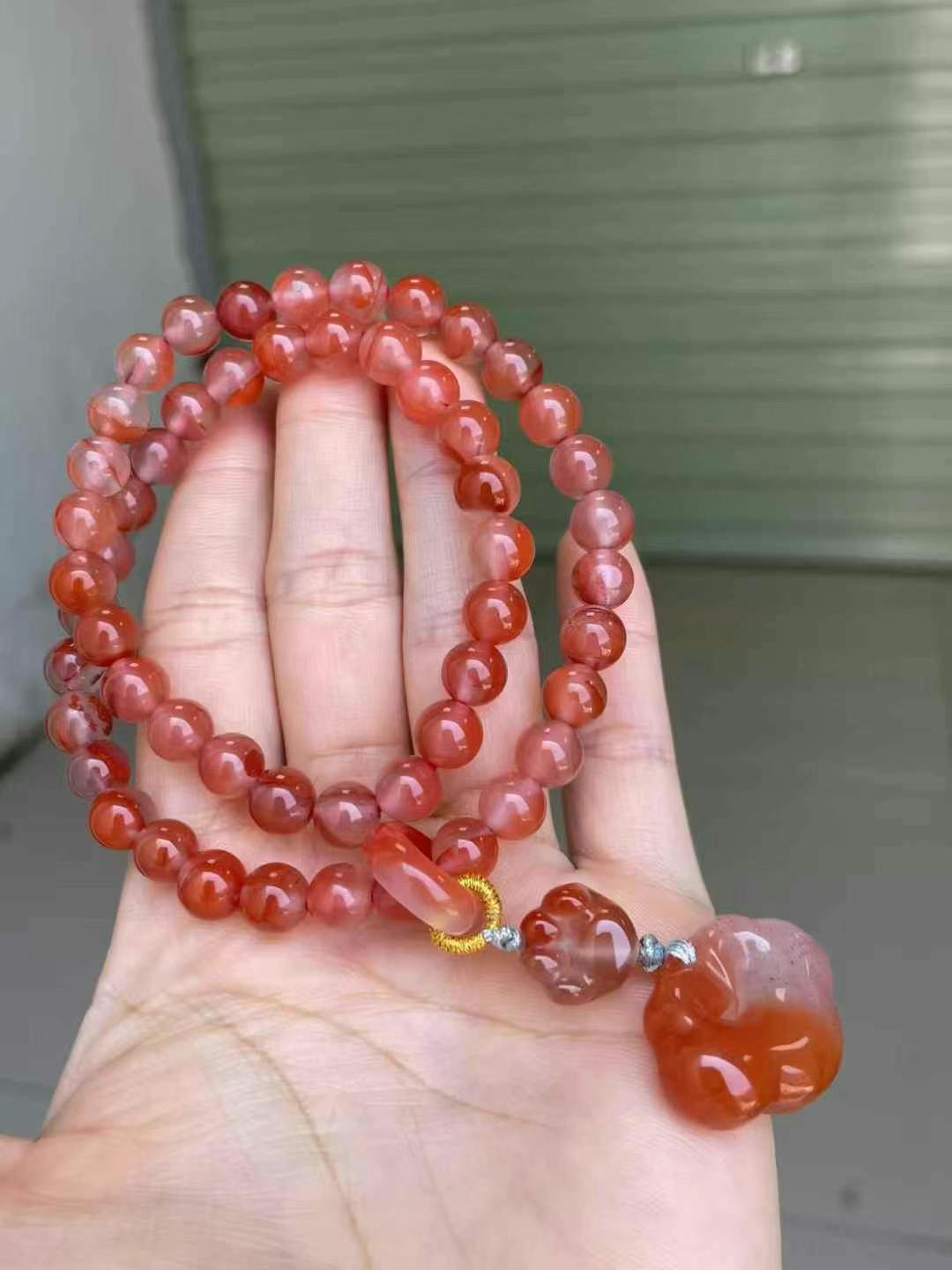 川料南红樱桃红飘花DIY双圈手链手串diy海纹石蜜蜡翡翠舒俱来铜发