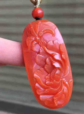 南红玛瑙瓦西料精品柿子红满色满肉蝶恋花吊坠挂件玉石原创设计女
