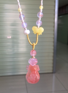 川料南红玛瑙特色冰飘花琵琶DIY手工编织项链男女款玉石收藏级别