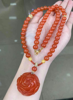 精品南红DIY牡丹花毛衣链红纹石海纹石翡翠蜜蜡绿松石手串吊坠女