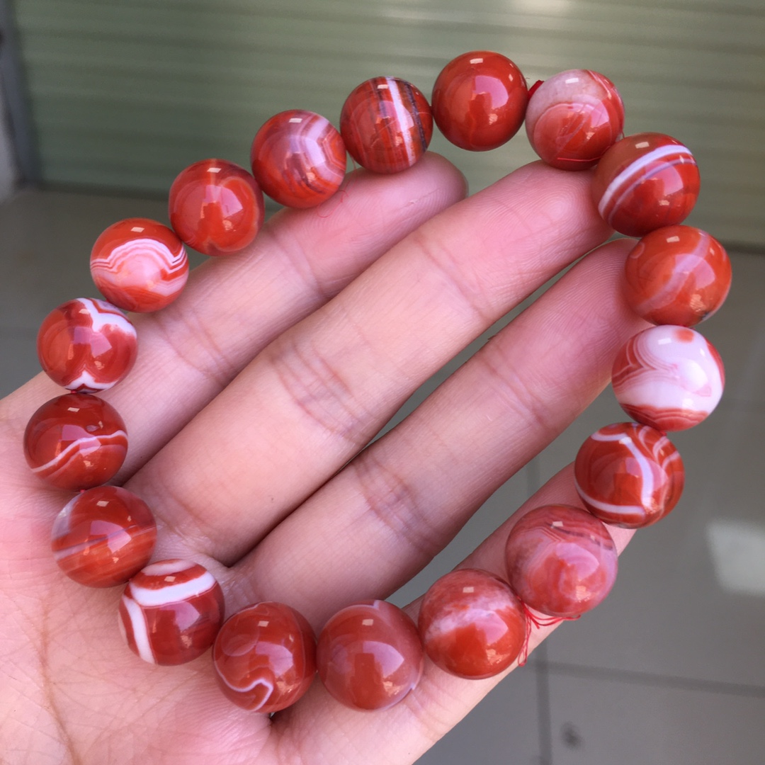 南红玛瑙特色红白料腰缠万贯圆珠手串11.5㎜男女款玉石收藏级别