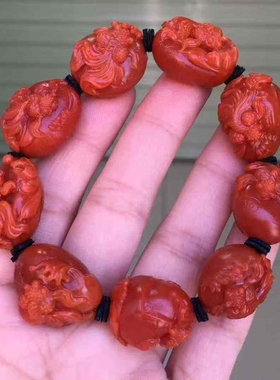 精品收藏保山原矿南红玛瑙年年有余手串苏工雕刻证书男女文玩百搭